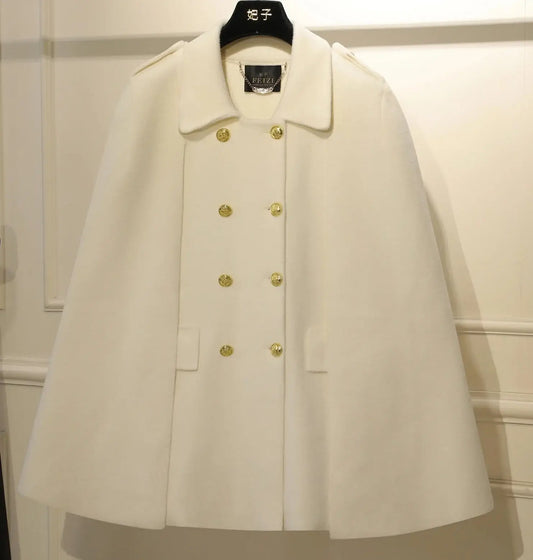 Cape Lainage Double Boutonnage en laine mélangée, couleur blanche, style élégant, taille standard | SuzzaneMarket