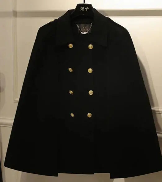 Cape Lainage Double Boutonnage in black, stylish wool blend, featuring gold buttons. Perfect for all sizes | SuzzaneMarket.