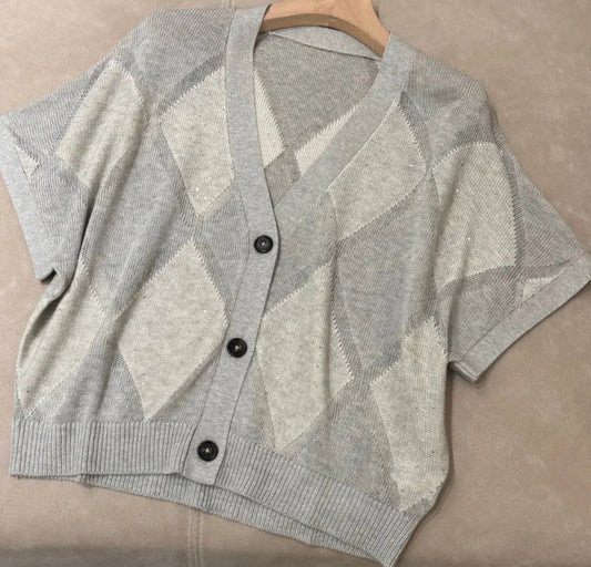 Cardigan Lin et Soie MILA en gris, col V, manches courtes et boutonnage, coupe ample | SuzzaneMarket