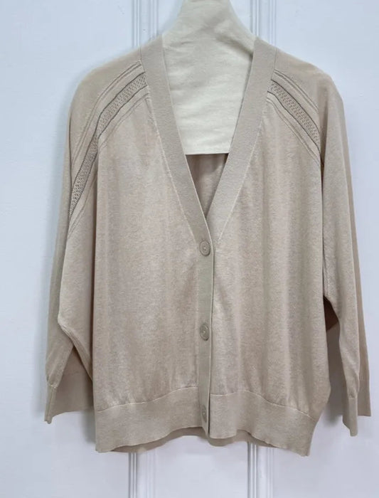 Cardigan en tricot soie et lin beige, coupe ample, col V, manches raglantes, parfait pour un look élégant |SuzzaneMarket