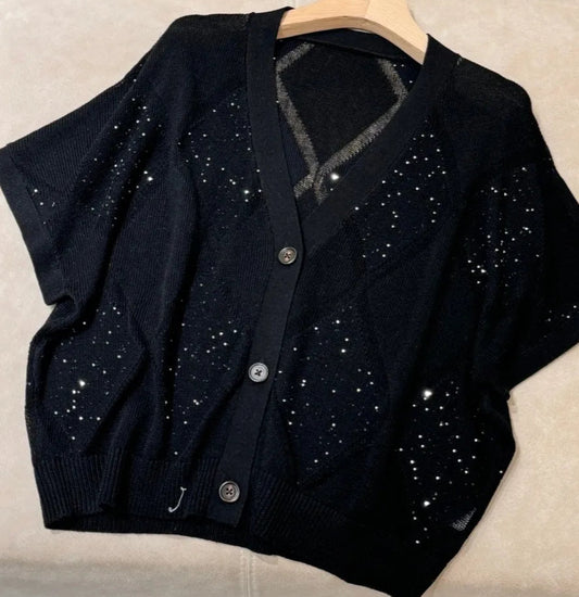 Cardigan Lin et Soie MILA en noir, col V, manches courtes, petits sequins argent |SuzzaneMarket