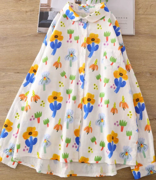 Chemise imprimée Coton Lin ample avec motifs floraux colorés, manches longues, col rond | SuzzaneMarket