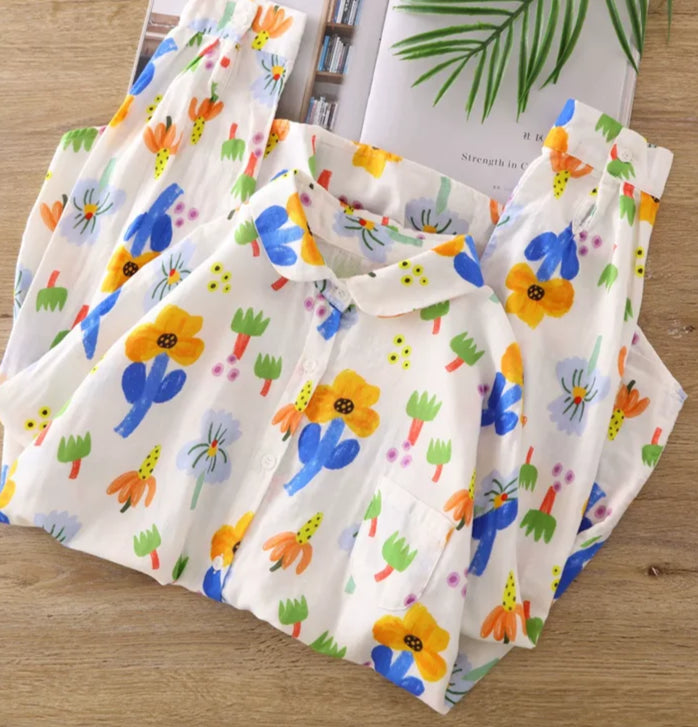 Chemise imprimée en coton et lin avec motifs floraux colorés, coupe ample, manches longues. | SuzzaneMarket