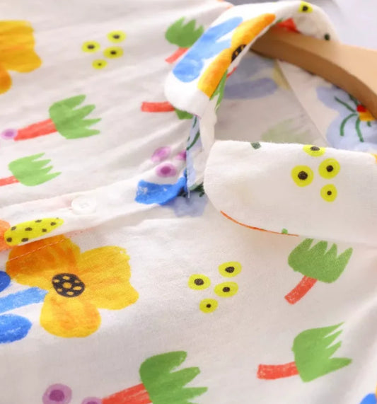 Chemise Coton Lin imprimée avec col rond et motifs floraux colorés | SuzzaneMarket