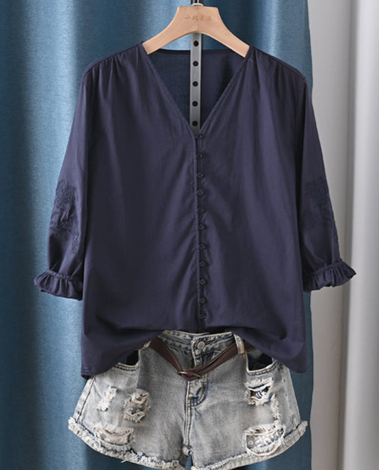 Chemise Coton Fin BOST en bleu marine, manches 3/4, boutons sur le devant, coupe droite, taille unique | SuzzaneMarket.