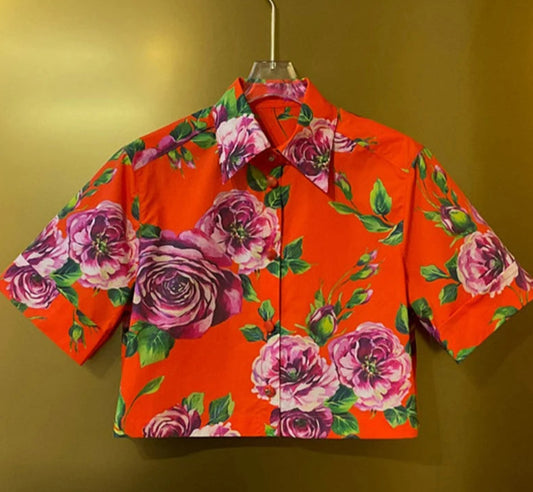 Chemise courte en popeline florale multicolore avec manches courtes | SuzzaneMarket