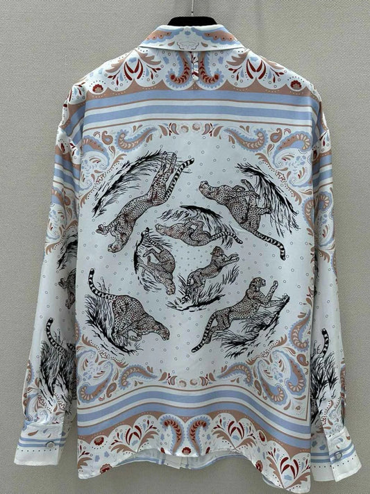 Chemise en soie imprimée avec motifs animaliers, couture, coupe droite, 100% soie, style loose fit | SuzzaneMarket
