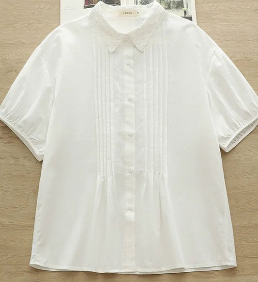 Chemise Fine Coton HIMA, coton fin, col dentelle, manches courtes, style élégant, SuzzaneMarket