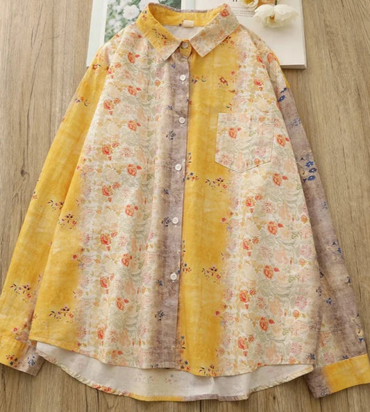Chemise ample en coton Batik avec impression patchwork, petit col classique, manches longues | SuzzaneMarket