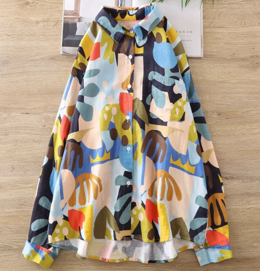 Chemise Coton Batik POPI, manches longues, coupe ample évasée, motifs colorés, taille unique | SuzzaneMarket