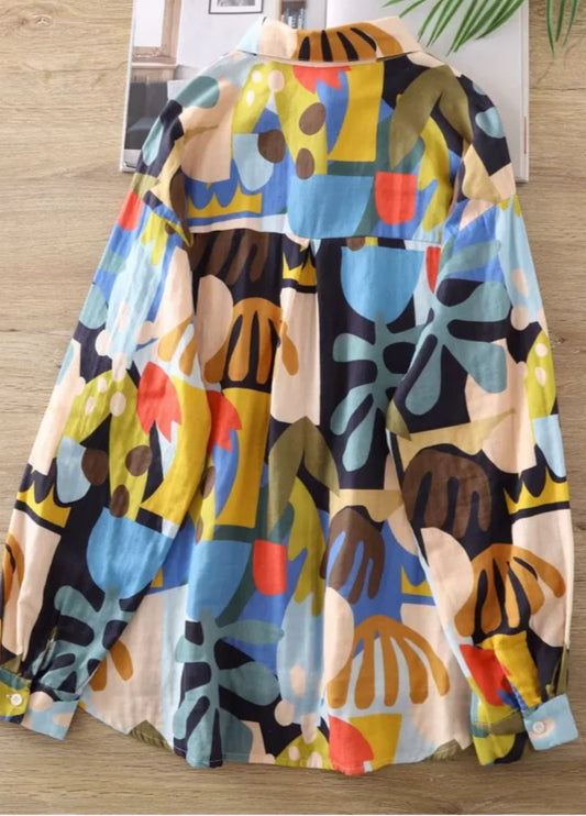 Chemise Coton Batik Popi, manches longues, coupe ample évasée, motifs colorés, taille unique | SuzzaneMarket