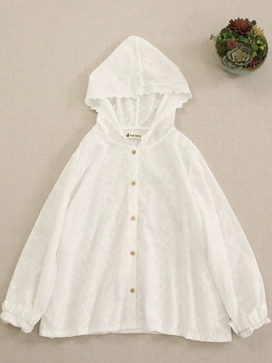 Chemise japonaise Mori Kawaii en coton blanc, à manches longues et capuche festonnée | SuzzaneMarket