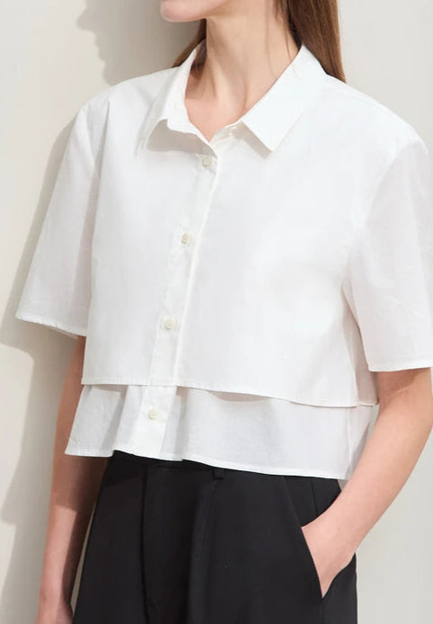 Chemise Double Hauteur Coton blanche à effet 2 hauteurs, coupe ample et manches courtes | SuzzaneMarket