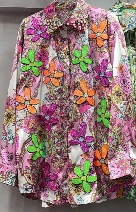Chemise Pop Ample en coton, imprimé fleuri avec sequins et perles | SuzzaneMarket