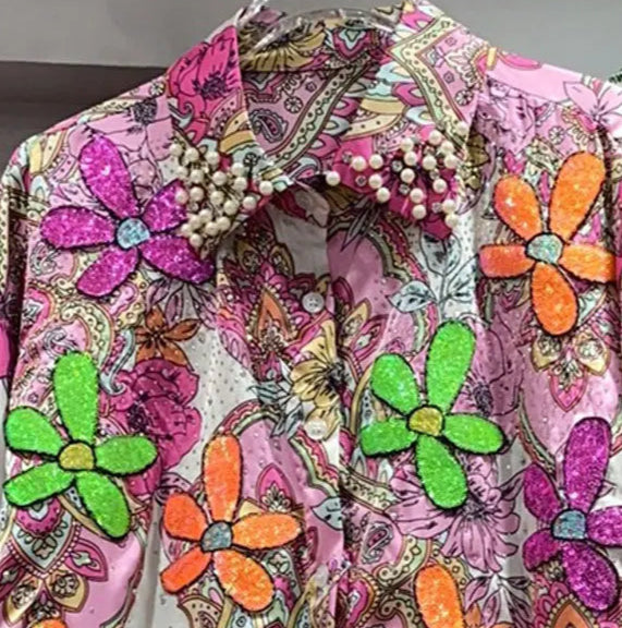 Chemise Pop Ample à fleurs colorées et perles sur col, manches longues, taille unique large | SuzzaneMarket