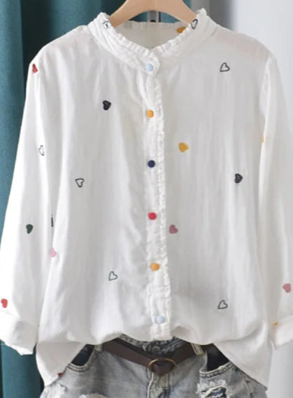 Chemise Coton Fin à broderies colorées, col Mao, manches longues, confortable, taille unique |SuzzaneMarket
