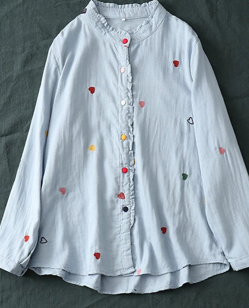 Chemise Coton Fin TSU, chemise légère en coton brodée, col Mao, ample et confortable, taille unique | SuzzaneMarket