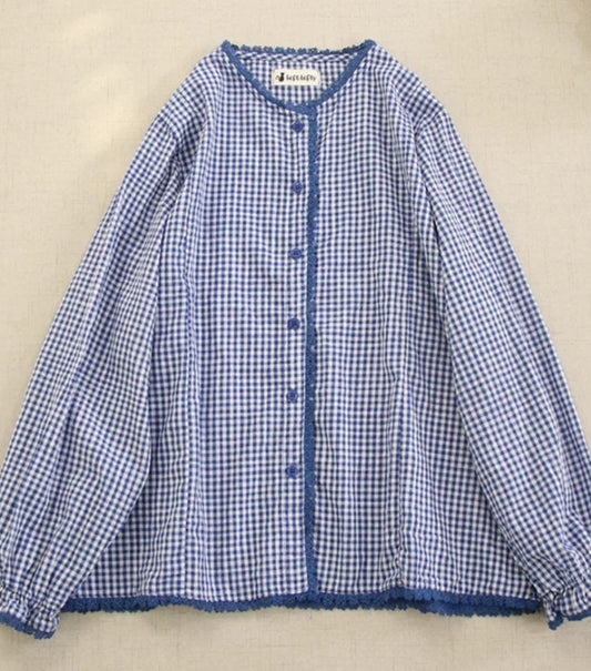 Chemise Japonaise Mori à manches longues, motif vichy bleu et blanc, bord festonné, taille unique | SuzzaneMarket