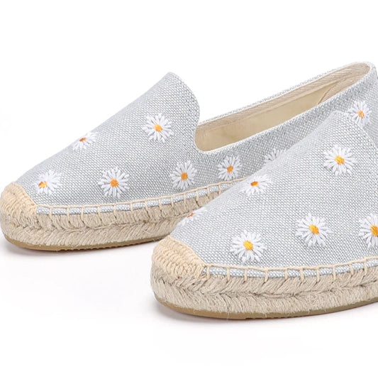 Espadrilles Denim Brodé Petites Fleurs en Canvas grises avec semelle en chanvre | SuzzaneMarket