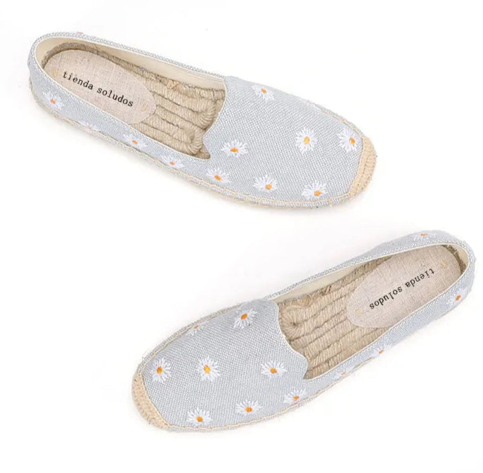 Espadrilles Denim Brodé à fleurs blanches en canvas et semelle en chanvre |SuzzaneMarket