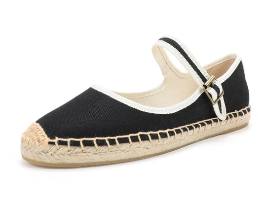 Espadrilles Mary Jane in black canvas with braided jute sole. Stylish summer sandal for casual wear | SuzzaneMarket.