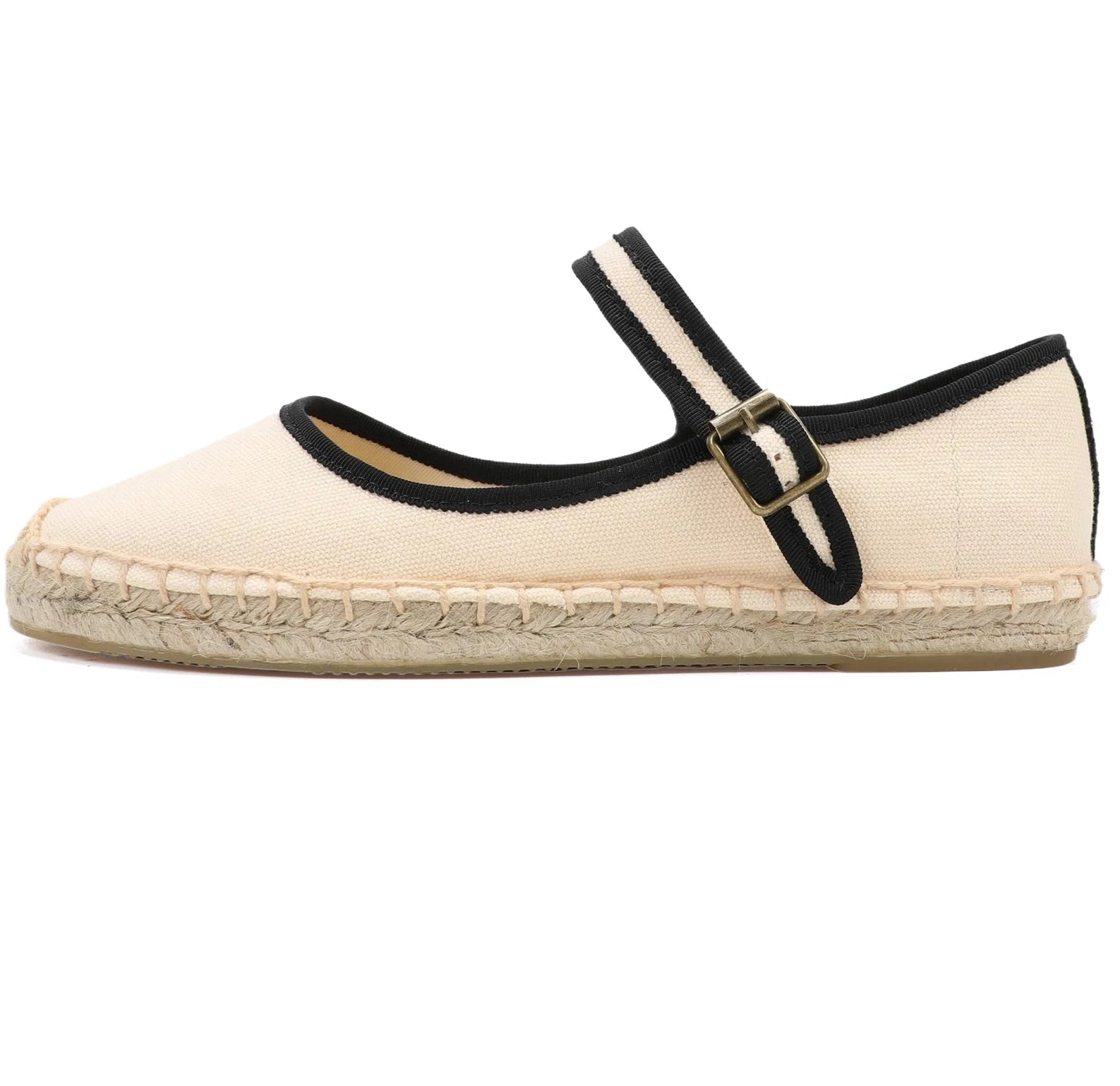 Espadrilles Mary Jane in beige canvas with black strap and braided jute sole | SuzzaneMarket