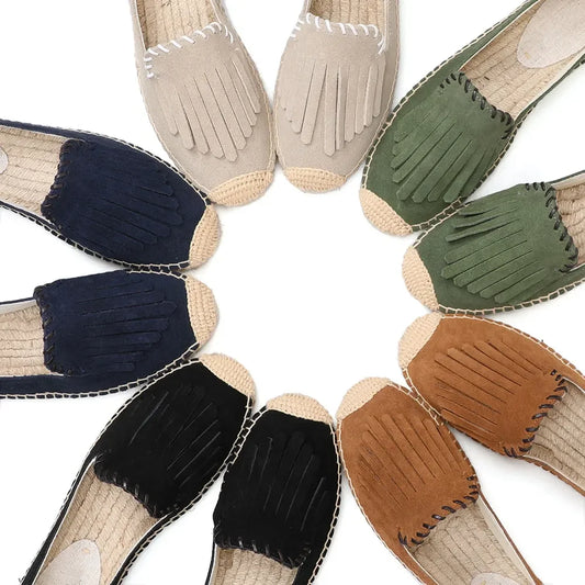 Espadrilles Suède Franges MUJI in 5 colors, featuring decorative fringes and braided hemp sole | SuzzaneMarket