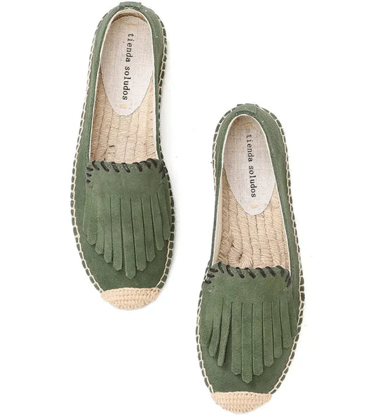 Espadrilles Suède Franges vertes MUJI en cuir avec décoration en franges et semelle en chanvre | SuzzaneMarket
