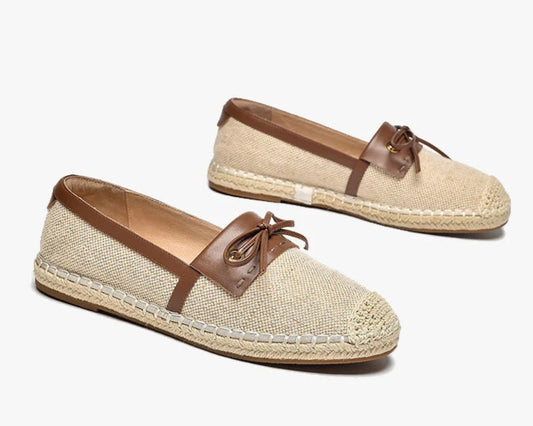 Espadrilles en toile et cuir, semelle de 2 cm, bordure en cuir lisse, disponible en 2 couleurs | SuzzaneMarket