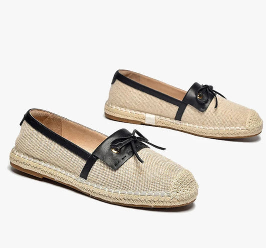 Espadrilles toile et cuir beige avec lanières noires et semelle de 2 cm | SuzzaneMarket