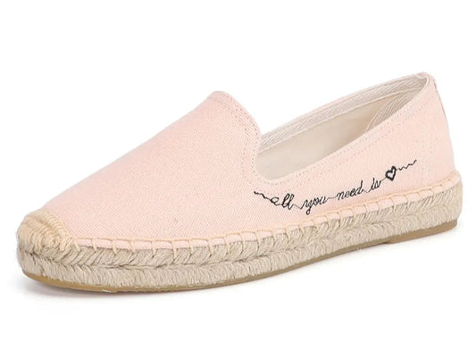 Espadrilles Canvas ROSA in pink with embroidered text 'all you need is' and jute sole | SuzzaneMarket