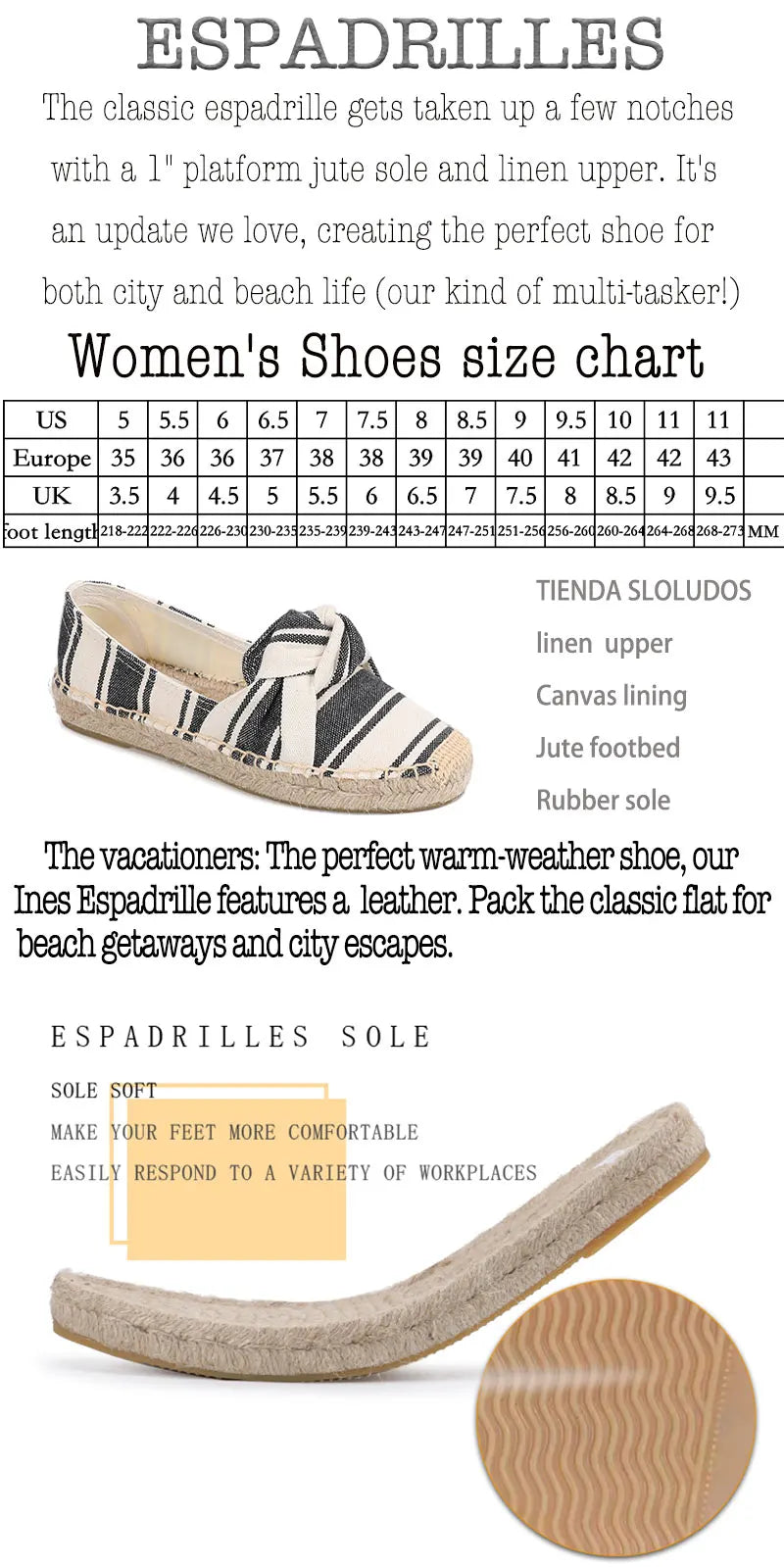 Espadrilles with striped design, jute sole, and size chart for women's shoes | SuzzaneMarket