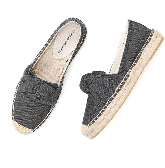 Espadrilles à noeud en textile canvas noir, semelle en chanvre tressé, intérieur en coton | SuzzaneMarket