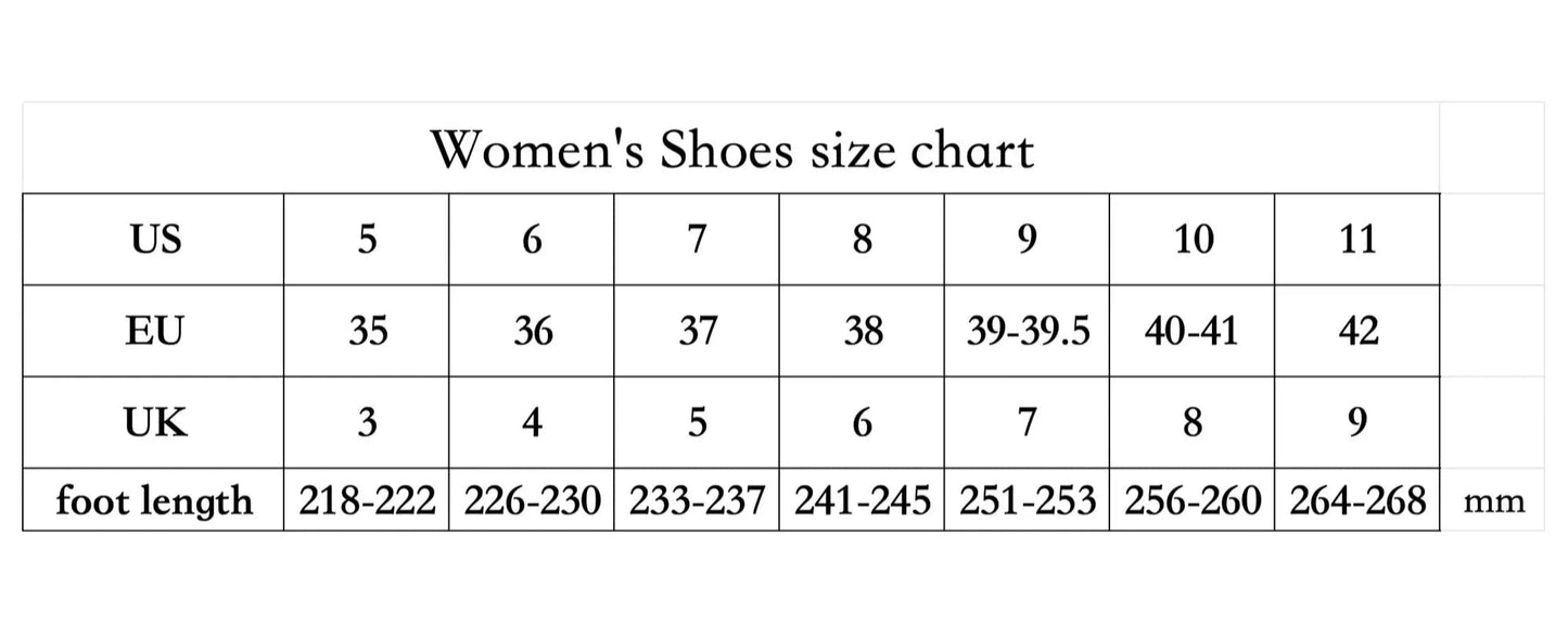 Women's shoes size chart showing US, EU, UK sizes and foot length in mm | SuzzaneMarket