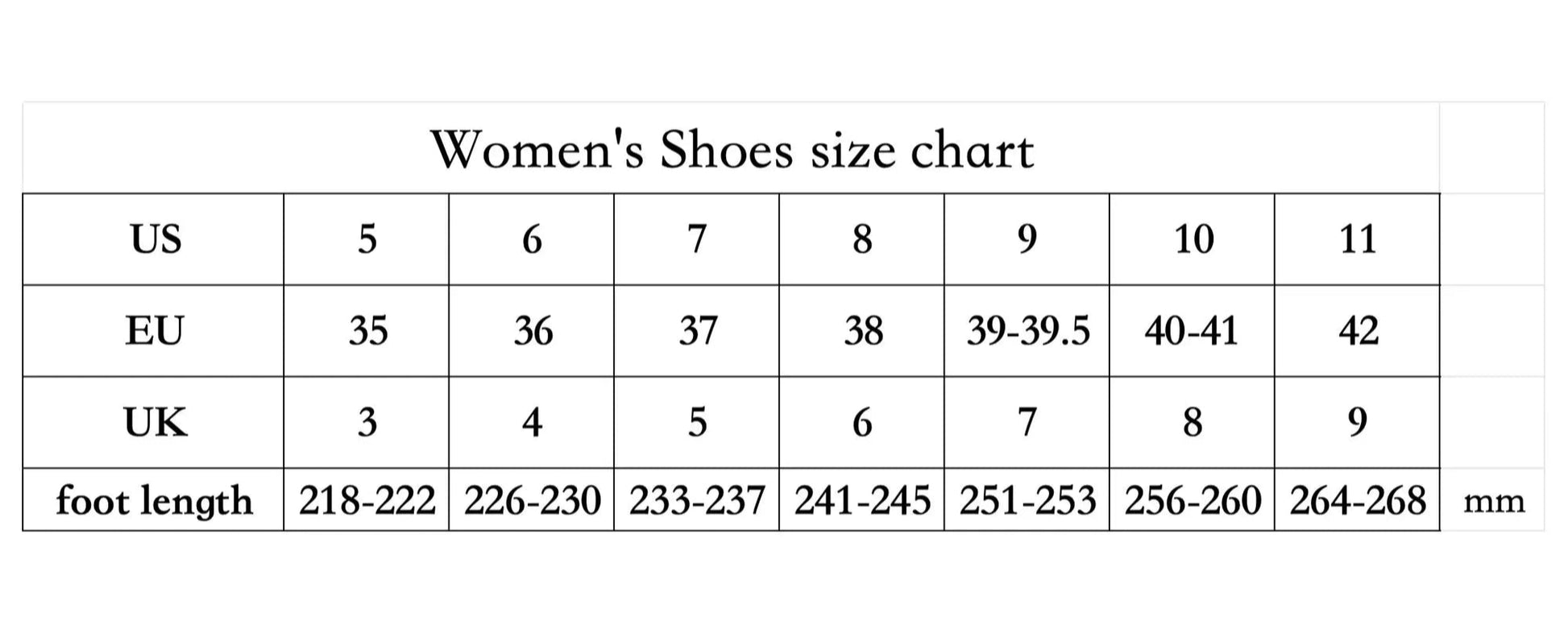 Women's shoes size chart showing US, EU, UK sizes and foot length in mm | SuzzaneMarket