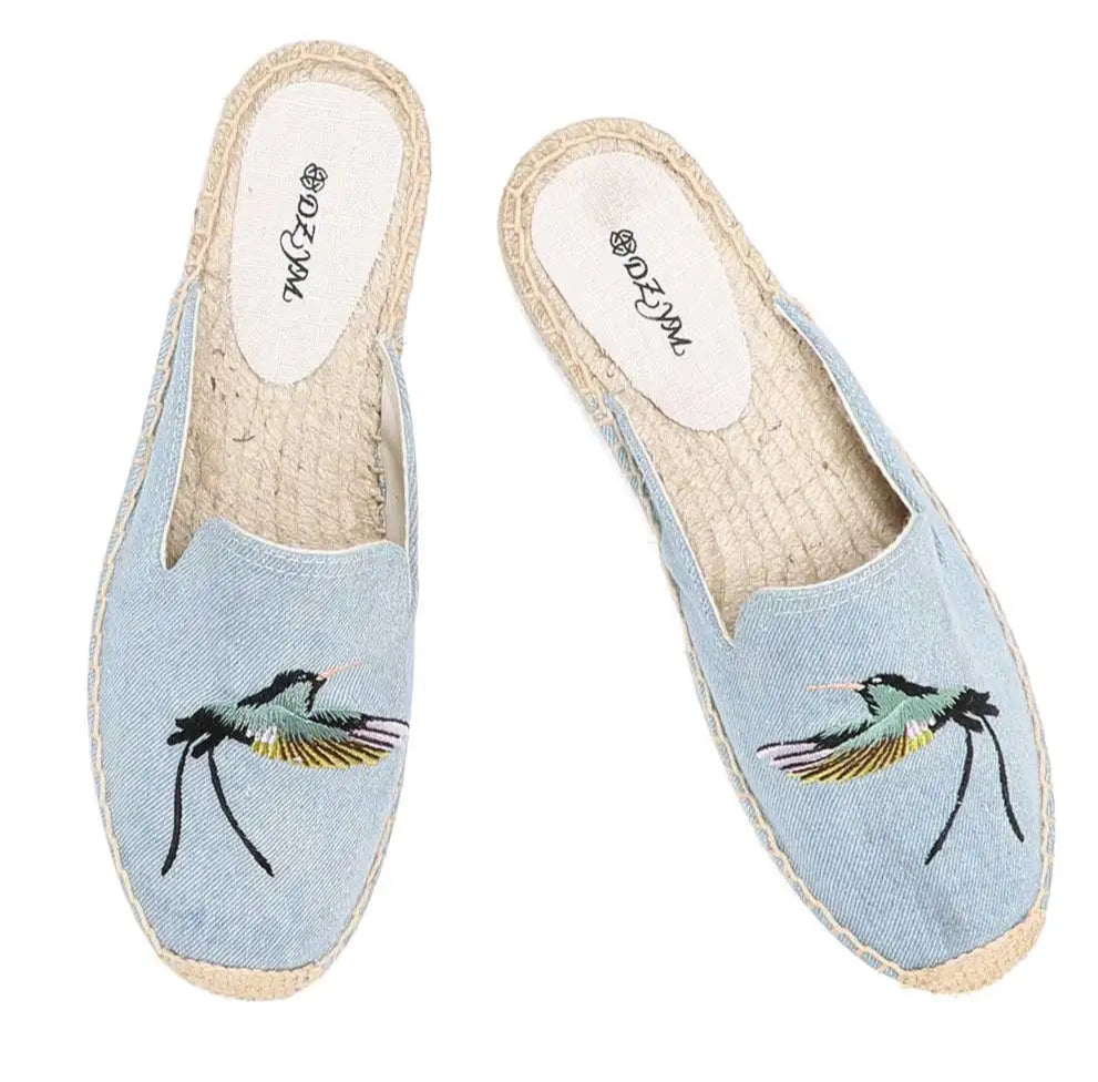 Espadrilles Mules Denim Brodé avec décorations en broderie, semelle en chanvre et caoutchouc | SuzzaneMarket