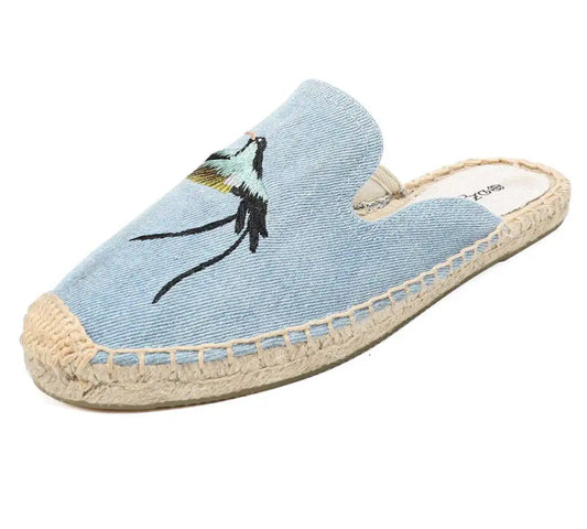 Espadrilles mules en denim brodé avec semelle chanvre et caoutchouc | SuzzaneMarket