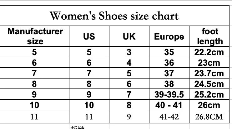 Women's shoes size chart displaying US, UK, Europe sizes and foot lengths | SuzzaneMarket