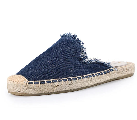 Espadrilles Mules Effilochés en toile denim bleu, semelle en chanvre et caoutchouc, style décontracté | SuzzaneMarket
