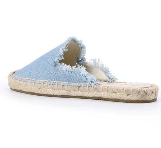 Espadrilles Mules en Toile Canvas, bordures effilochées, semelle chanvre tressé, couleur bleu | SuzanneMarket.