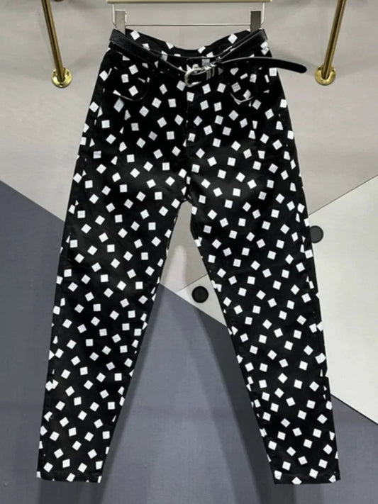 Jeans Droit Imprimé en denim coton à motifs noirs et blancs, taille haute et coupe slim | SuzzaneMarket