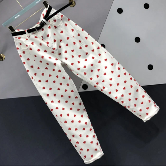 Jeans Droit Imprimé en denim coton avec motifs cœur, coupe slim, longueur cheville |SuzzaneMarket