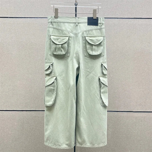 Beige cargo baggy jeans with wide legs and multiple pockets, back view | SuzzaneMarket