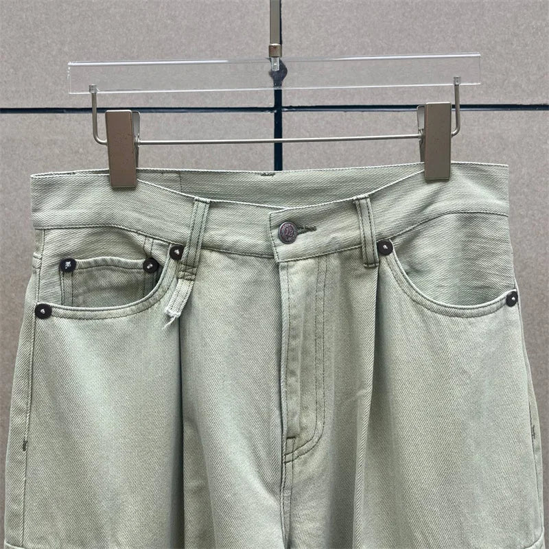 Beige baggy jeans cargo with zipper closure and wide straight legs | SuzzaneMarket