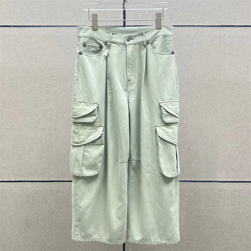 Beige baggy jeans cargo pants with wide legs, high waist, and multiple pockets | SuzzaneMarket