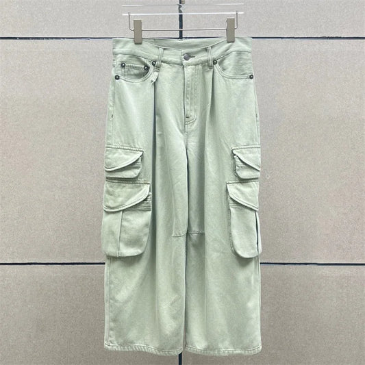 Beige baggy jeans cargo pants with wide legs, high waist, and multiple pockets | SuzzaneMarket