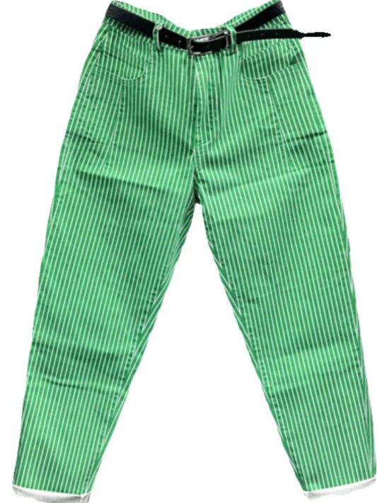 Jeans Droit Imprimé -RAYA- en denim stretch vert rayé, taille haute et jambes droites | SuzzaneMarket