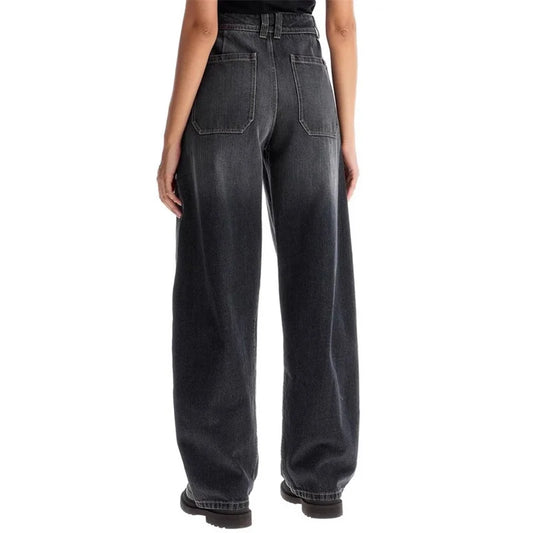 Back view of high-waisted wide-leg denim jeans in dark wash, showcasing large banana style. |SuzzaneMarket
