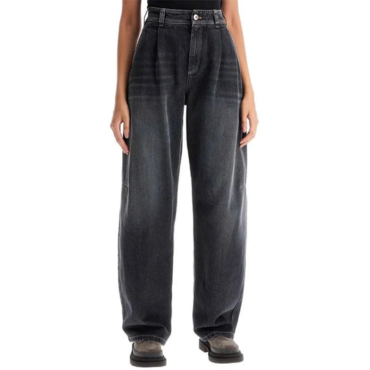 High-waisted wide-leg black denim jeans with a banana effect, perfect for a trendy look | SuzzaneMarket