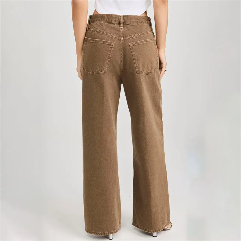 Back view of Y2K style camel jeans with wide legs and a high waist | SuzzaneMarket